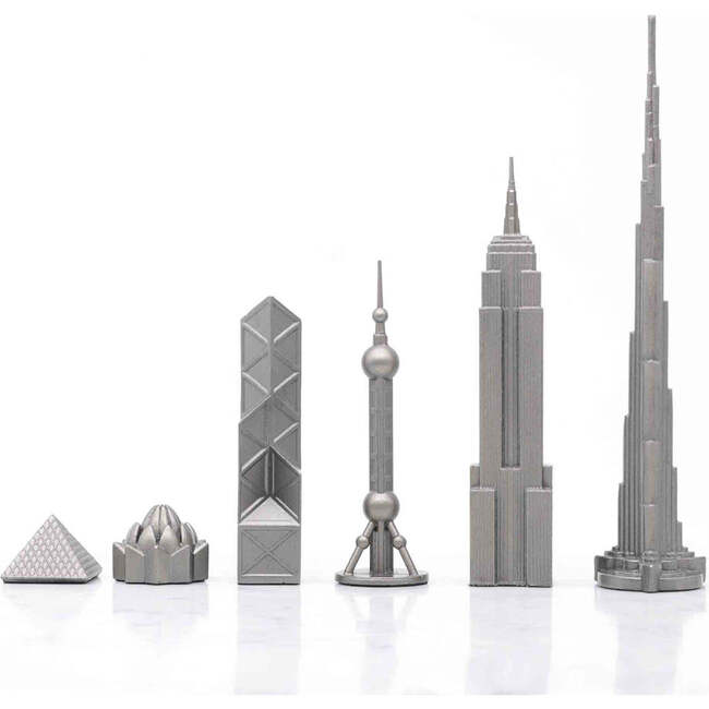 Chess Set Stainless Steel WORLD ICONS with Wooden Grid Board - Games - 2