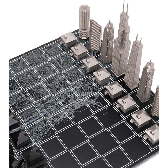 Chess Set Stainless Steel CHICAGO with Wood Map Board