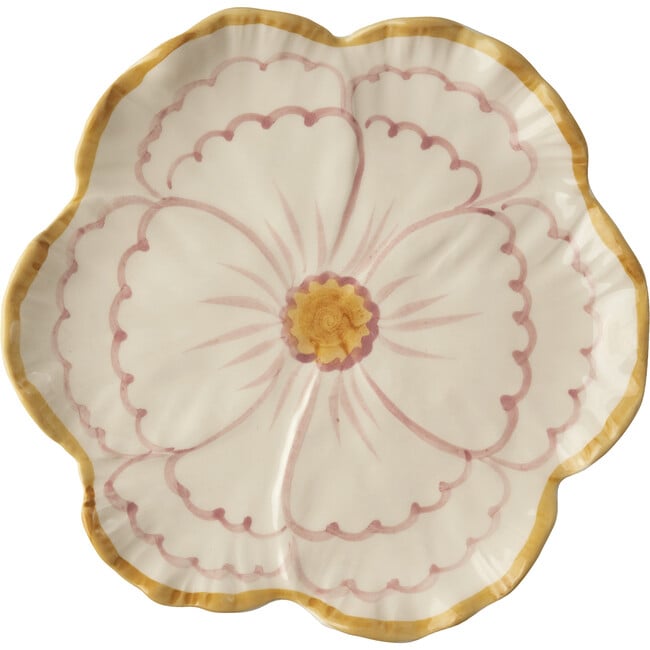 Ceramic Flower Shaped Side Plate With Yellow Border, Pink