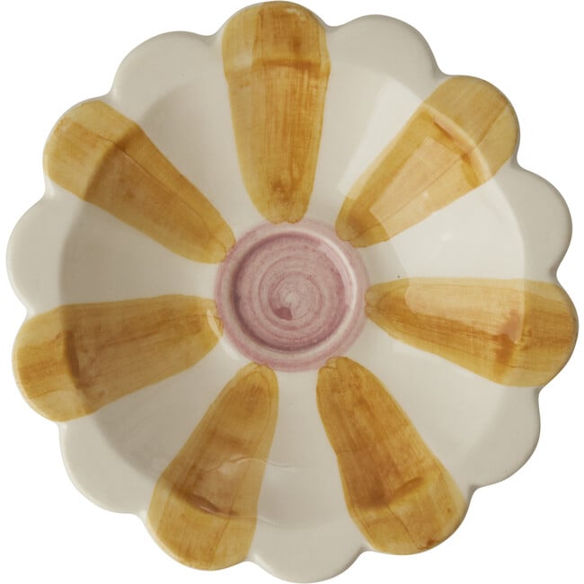 Small Ceramic Flower Dipping Bowl With Hand-Painted Stripes, Yellow