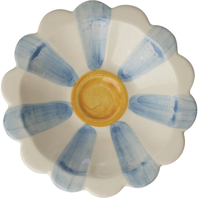 Small Ceramic Flower Dipping Bowl With Hand-Painted Stripes, Light Blue