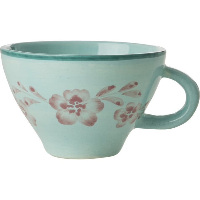 Ceramic Tea Cup With Hand-Painted Soft Pink Flower Vine 150 ml, Light Green