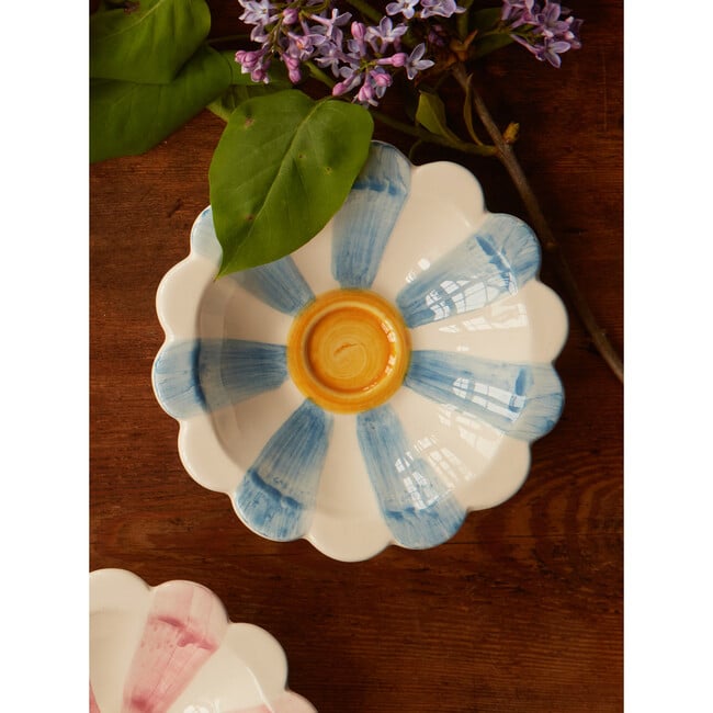 Small Ceramic Flower Dipping Bowl With Hand-Painted Stripes, Light Blue - Tableware - 2