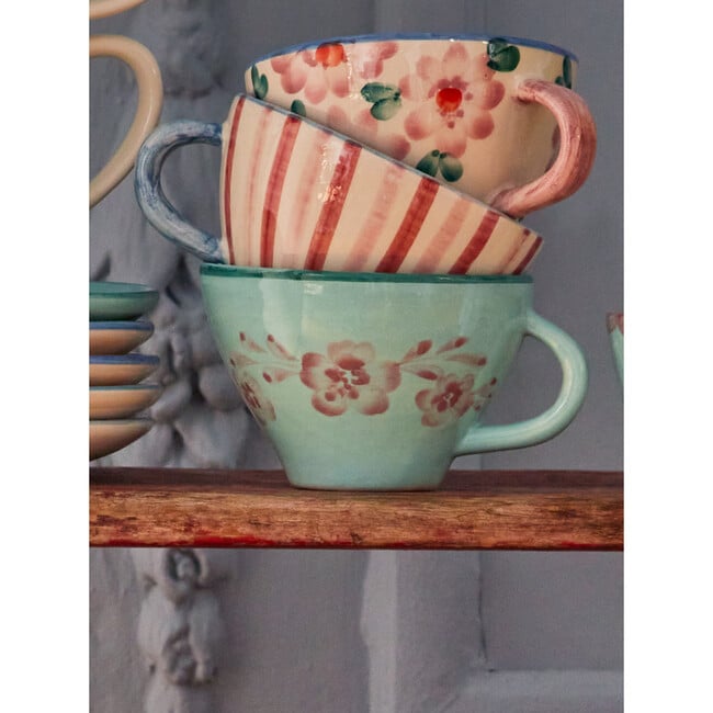 Ceramic Tea Cup With Hand-Painted Soft Pink Flower Vine 150 ml, Light Green - Tableware - 2