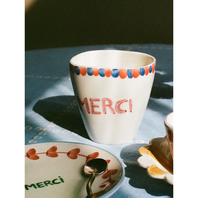 Ceramic Oval Cup With Hand-Painted MERCI 300 ml, Cream - Tableware - 2