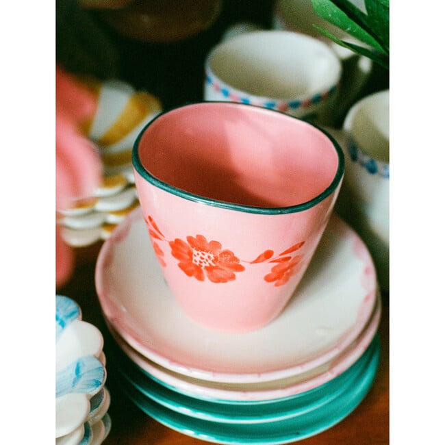 Ceramic Oval Cup With Hand-Painted Orange Flower Vine 300 ml, Pink - Tableware - 2