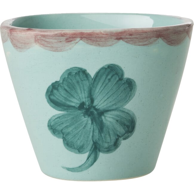 Extra Small Ceramic Oval Espresso Cup With Hand-Painted Good Luck Clover 70 ml, Light Green