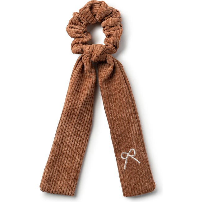 Mia Corduroy Signature Bow Logo Long Tail Scrunchie, Caramel