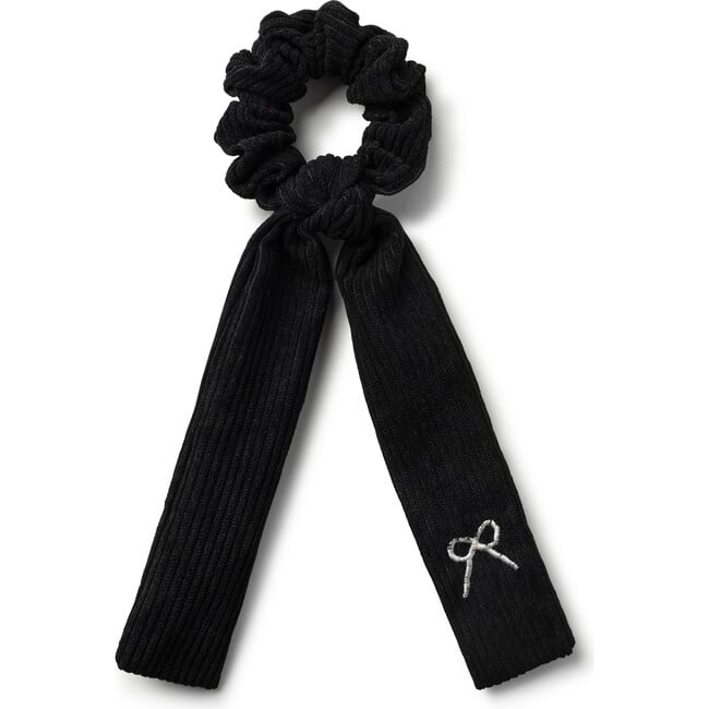 Mia Corduroy Signature Bow Logo Long Tail Scrunchie, Black