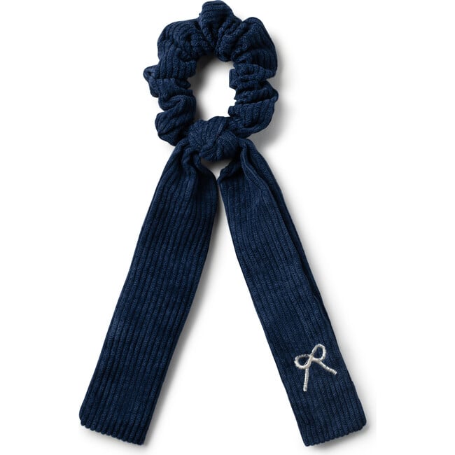 Mia Corduroy Signature Bow Logo Long Tail Scrunchie, Navy