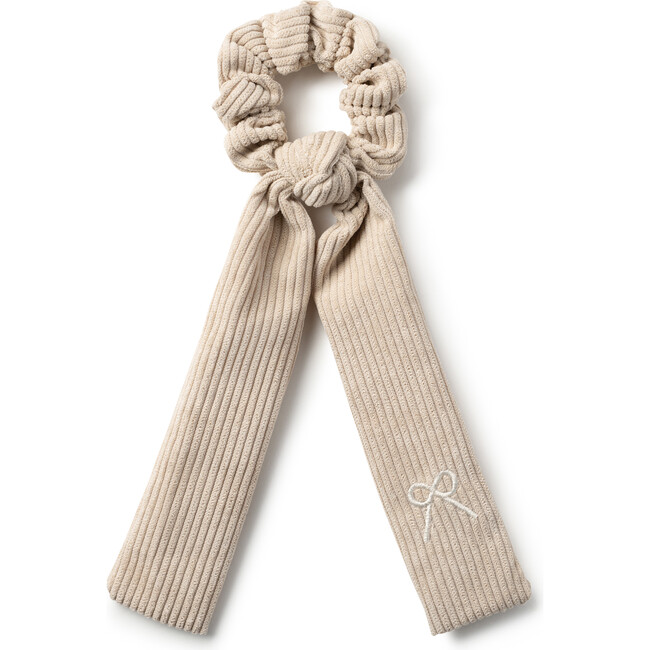 Mia Corduroy Signature Bow Logo Long Tail Scrunchie, Ecru