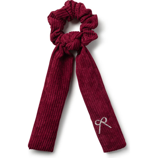 Mia Corduroy Signature Bow Logo Long Tail Scrunchie, Ruby