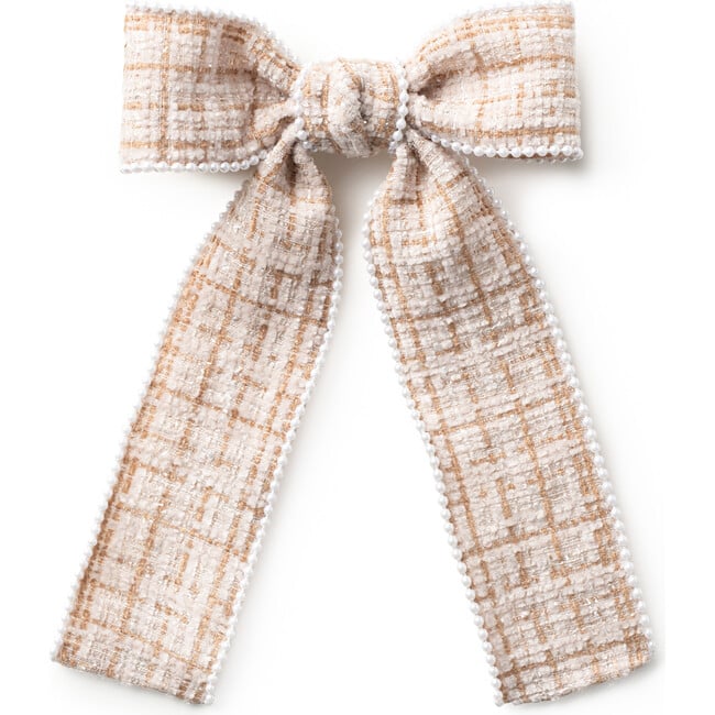 Estella Tweed Pearl Trimmed Long Tail Clip, Tan/Ivory