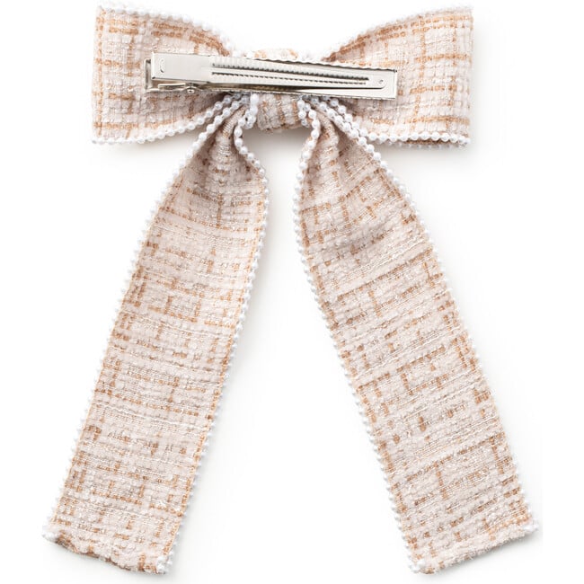 Estella Tweed Pearl Trimmed Long Tail Clip, Tan/Ivory - Bows - 2