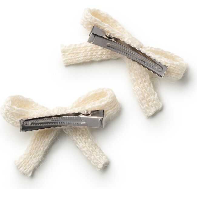 Avery Ribbed Knit Double Clip Set, Ivory - Bows - 2