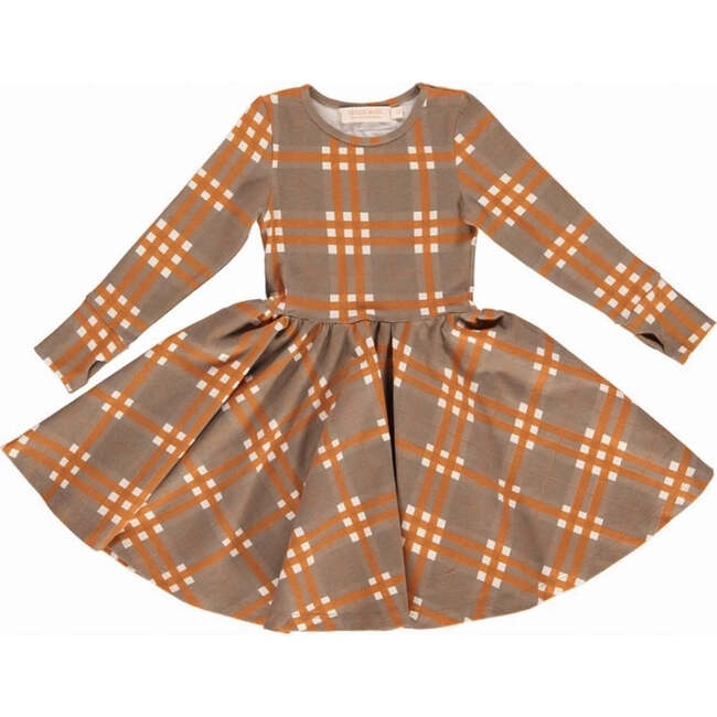 Plaid Crew Neck Long Sleeve Twirl Dress, Storm