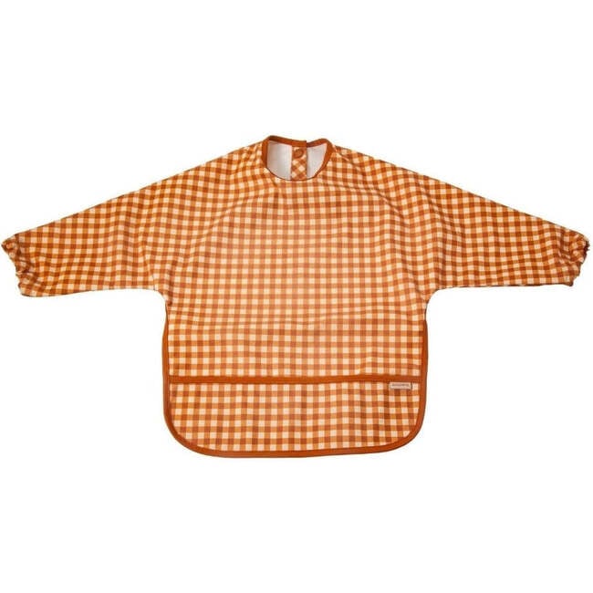 Gingham Water Resistant Front Pocket Smock Bib, Sienna - Bibs - 1