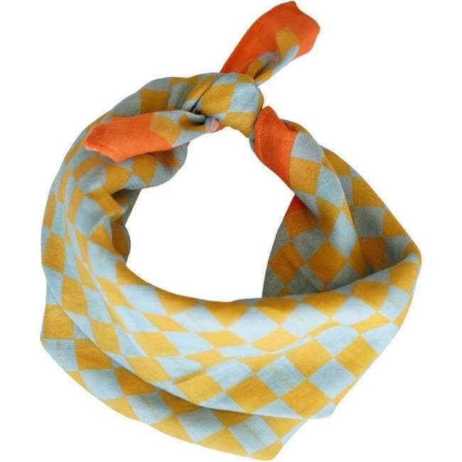 Checkered Organic Cotton Head Scarf, Laguna & Wheat