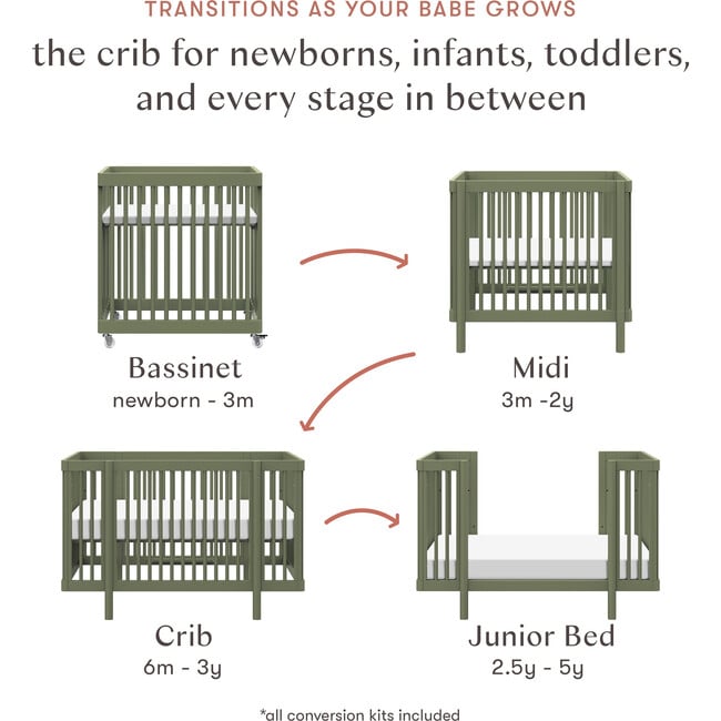 Pogo 8-In-1 Convertible Crib With All-Stages Conversion Kits, Olive - Cribs - 2