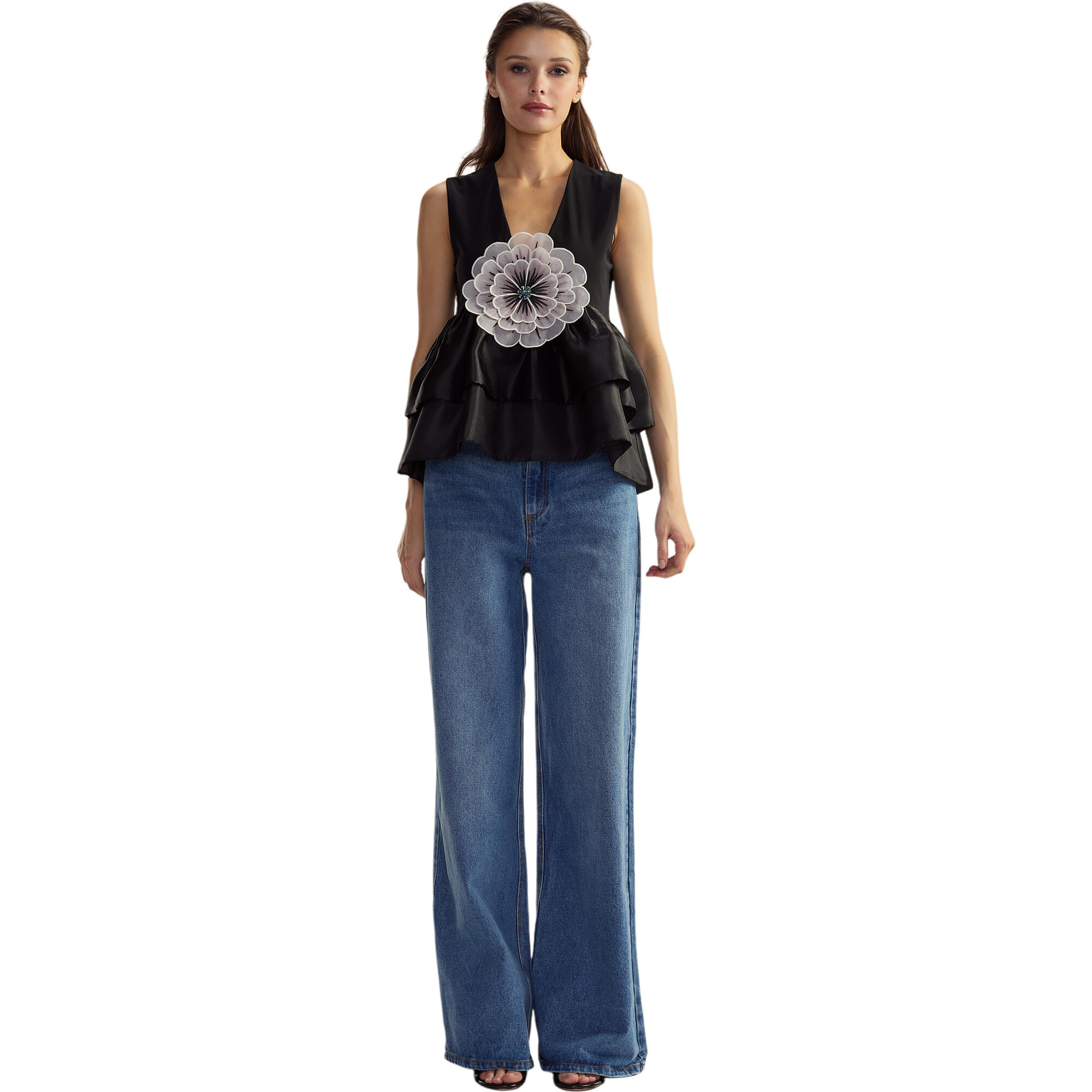 Women's V-Neck Organza Flower Top, Black - Blouses - 1