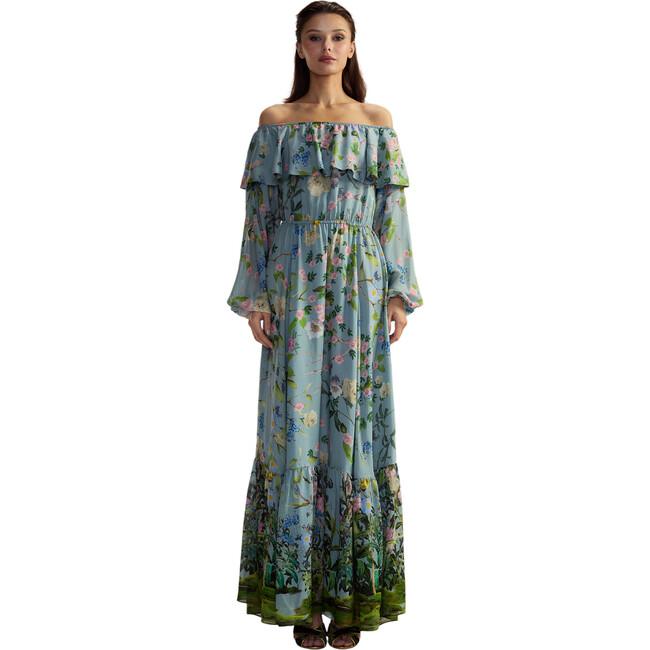 Women's Silk Wide Neck Ruffle Hem Maxi Dress, Blue