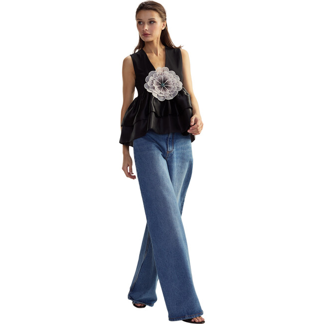 Women's V-Neck Organza Flower Top, Black - Blouses - 4