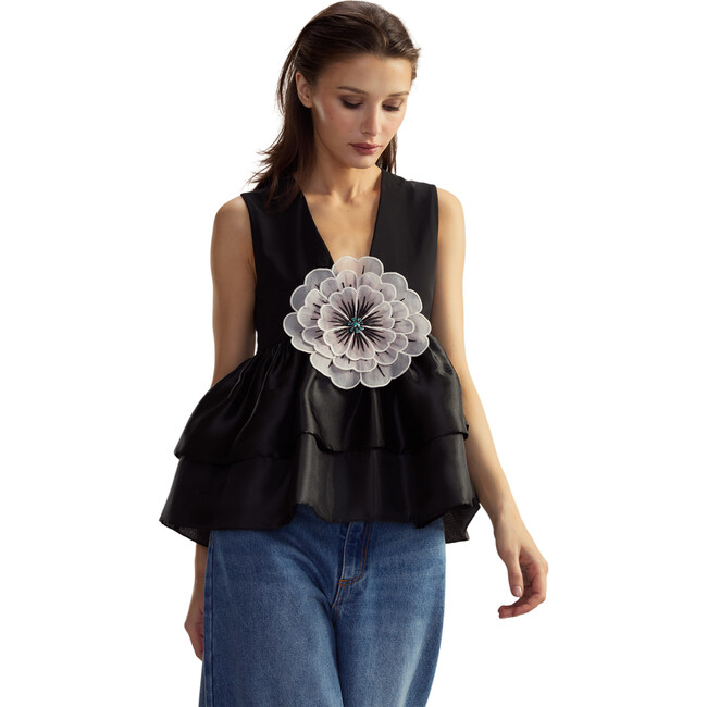 Women's V-Neck Organza Flower Top, Black - Blouses - 5