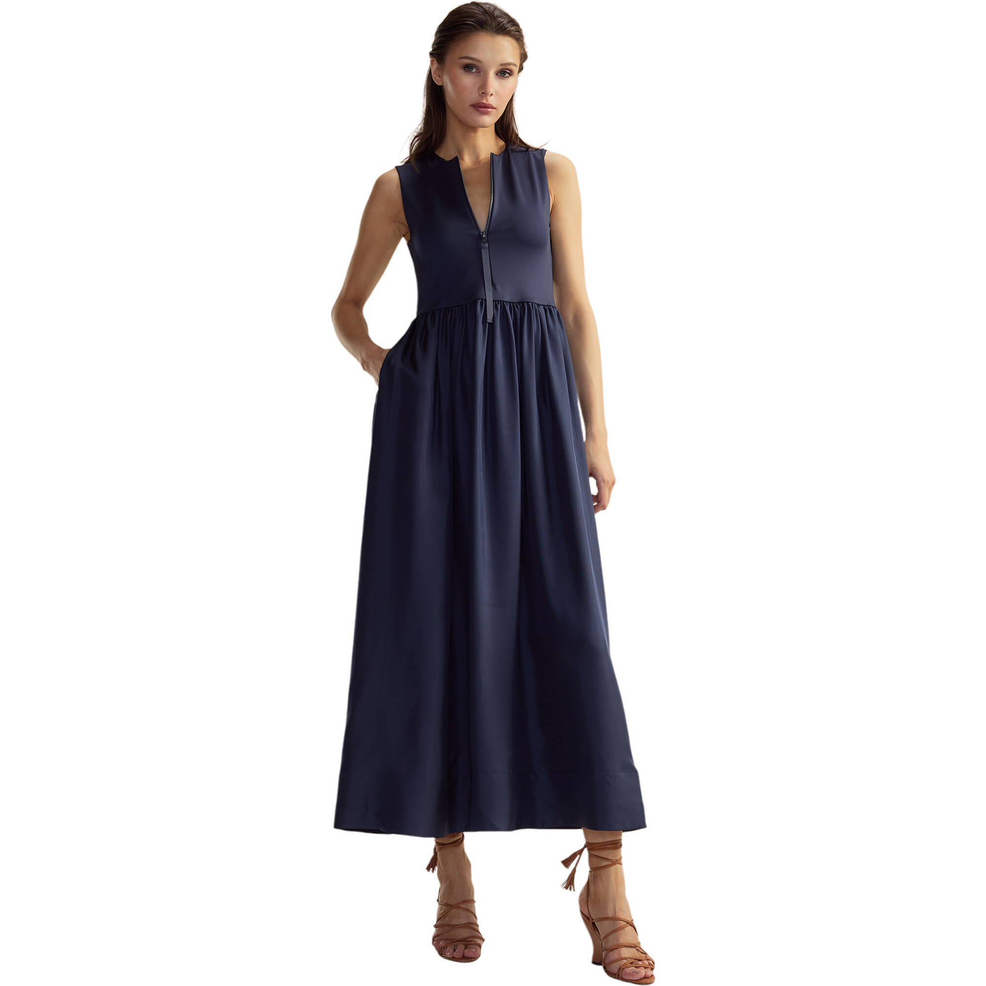 Women's Silk Lycra Combo Zipped Dress, Navy - Dresses - 1
