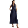 Women's Silk Lycra Combo Zipped Dress, Navy - Dresses - 1 - thumbnail