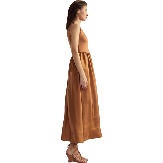 Women's Silk Lycra Combo Zipped Dress, Beige - Dresses - 3