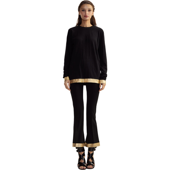 Women's Hem Long Sleeve Crew Neck Tee, Black & Gold