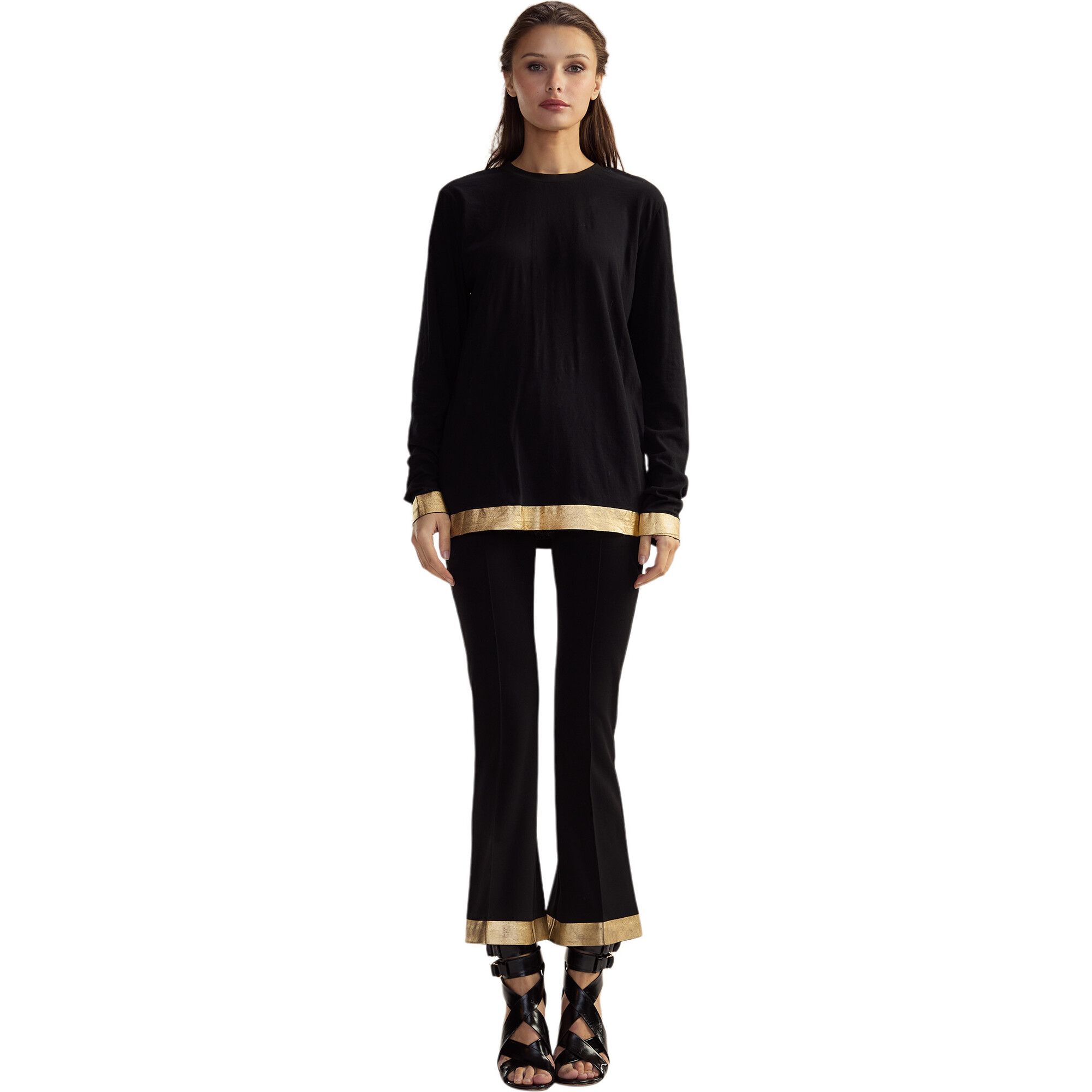 Women's Hem Long Sleeve Crew Neck Tee, Black & Gold - T-Shirts - 1