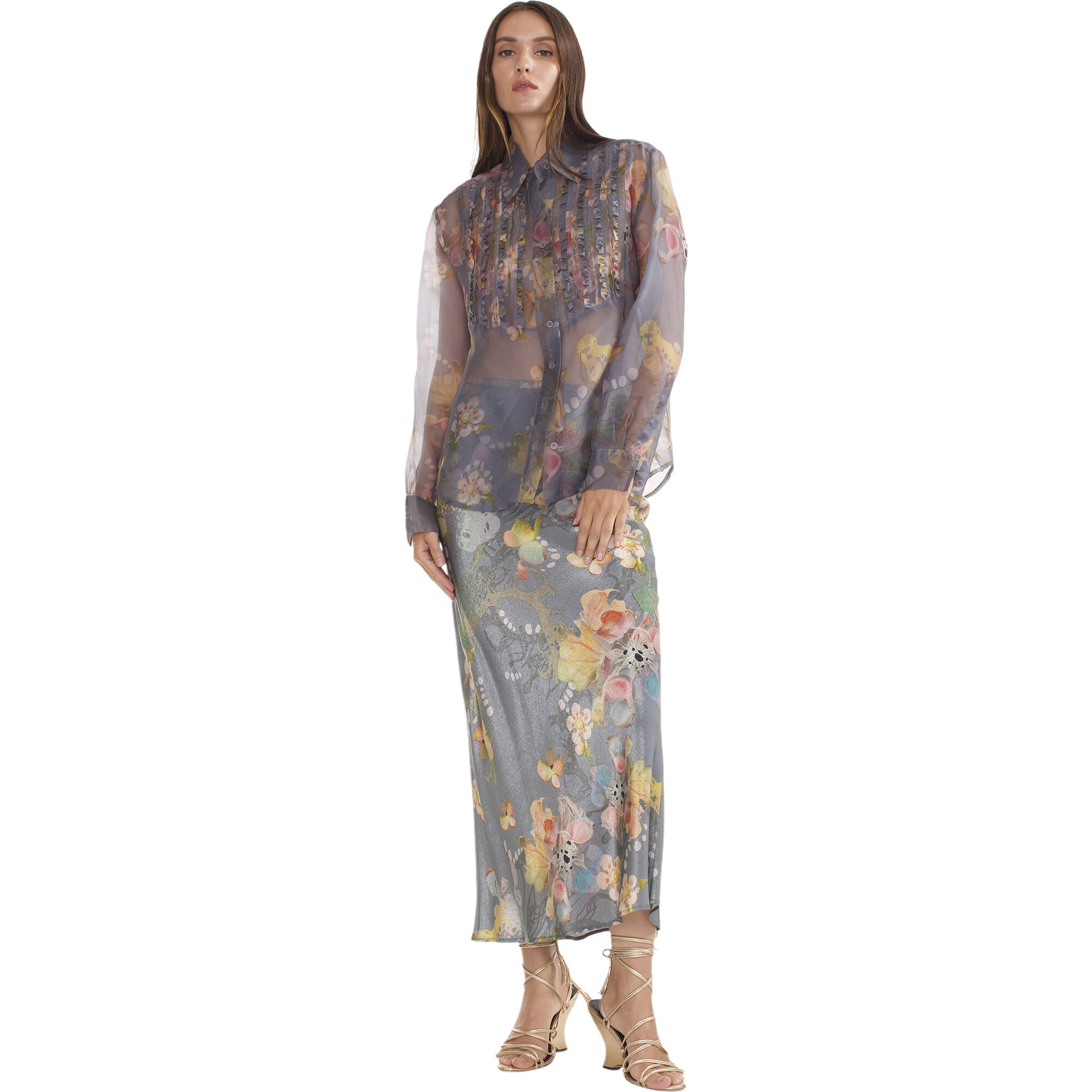 Women's Floral Silk Lame A-Line Skirt, Grey - Skirts - 1