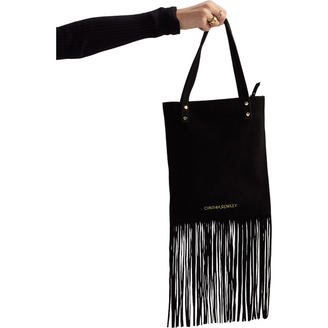 Women's Fringe Suede Tote, Black