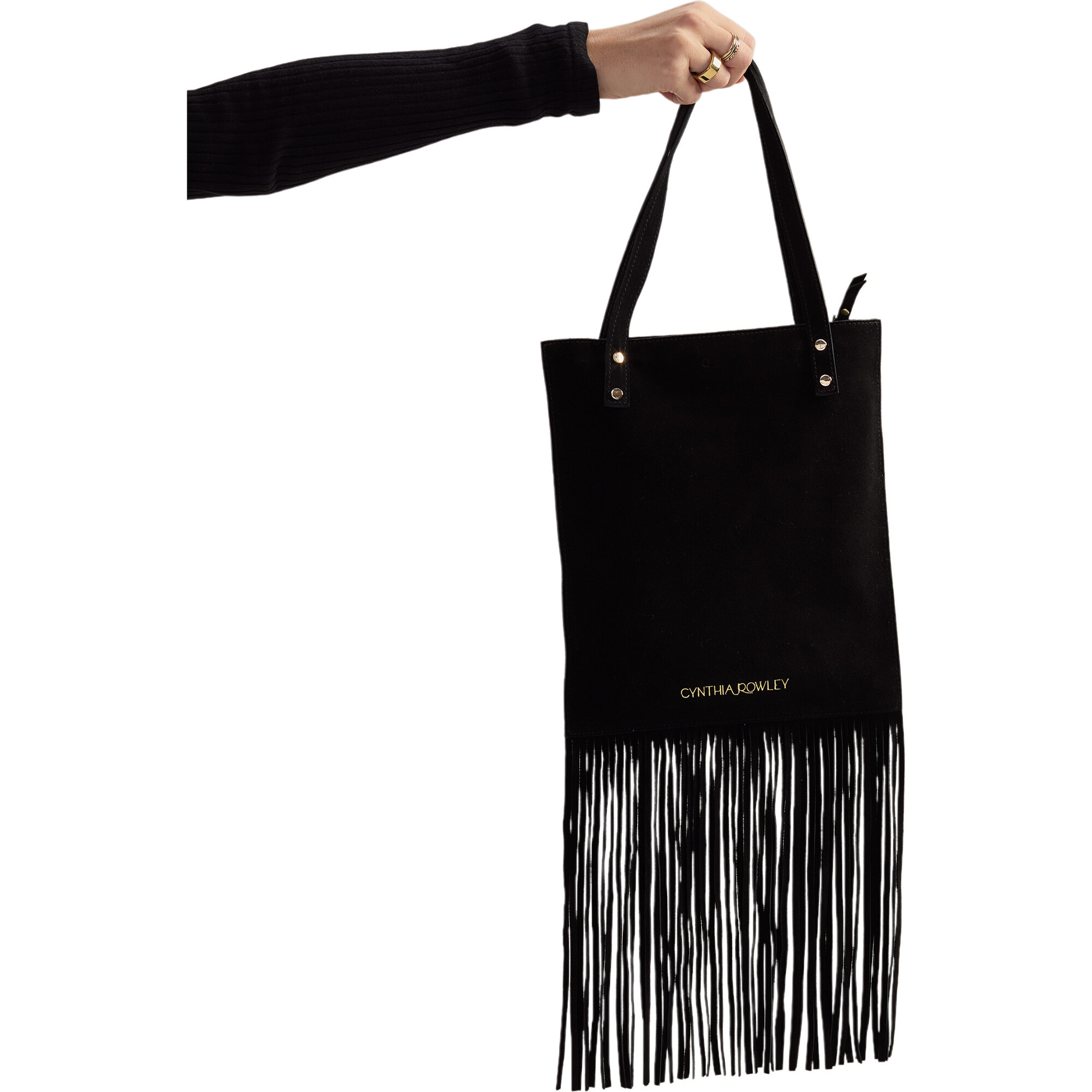 Women's Fringe Suede Tote, Black - Bags - 1