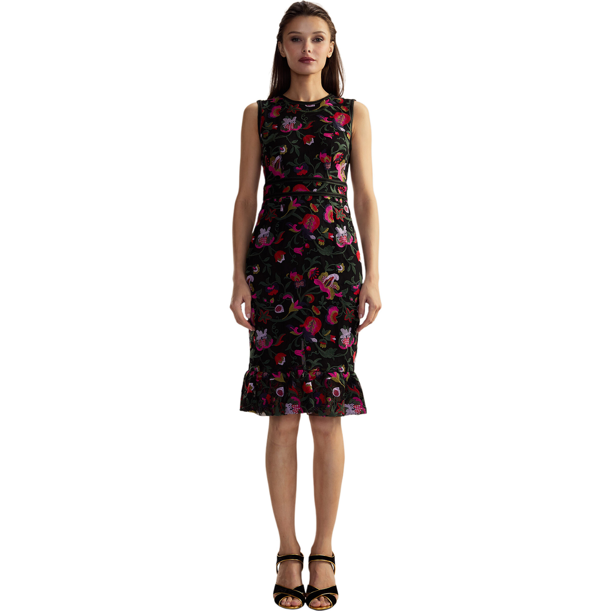 Women's Embroidered Sleeveless Midi Dress, Black - Dresses - 1