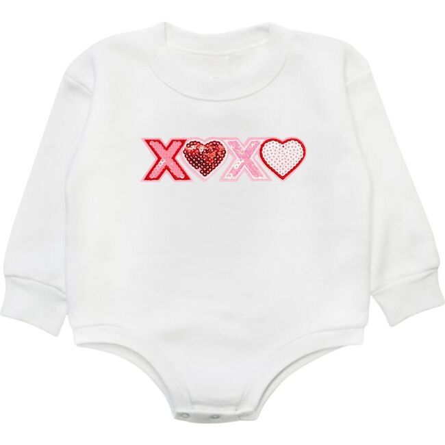 XOXO Sequin Patch Valentine's Day Long Sleeve Romper, White