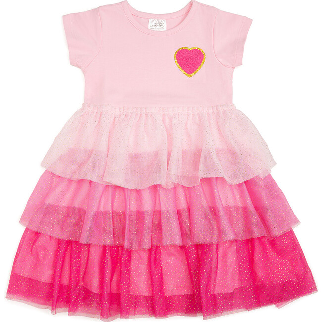 Pink Petal Valentine's Day Short Sleeve Tutu Dress, Pink