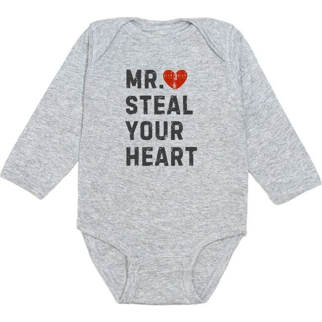 Mr. Steal Your Heart Valentine's Day Long Sleeve Bodysuit, Grey