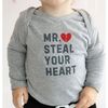 Mr. Steal Your Heart Valentine's Day Long Sleeve Bodysuit, Grey - Onesies - 2