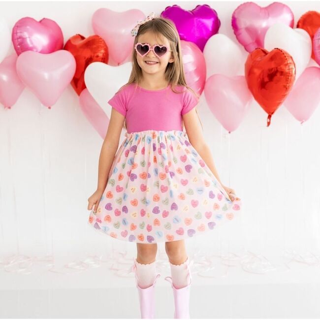 Candy Hearts Valentine's Day Short Sleeve Tutu Dress, Pink - Dresses - 2