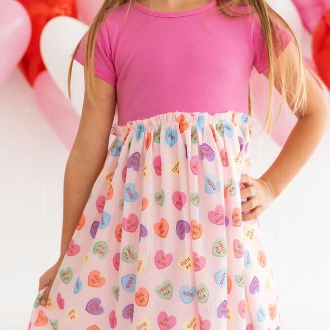 Candy Hearts Valentine's Day Short Sleeve Tutu Dress, Pink - Dresses - 3