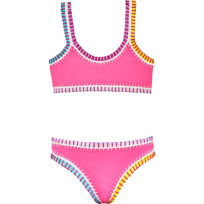 Sporty Rainbow Embroidered Two-Piece Bikini, Hot Pink