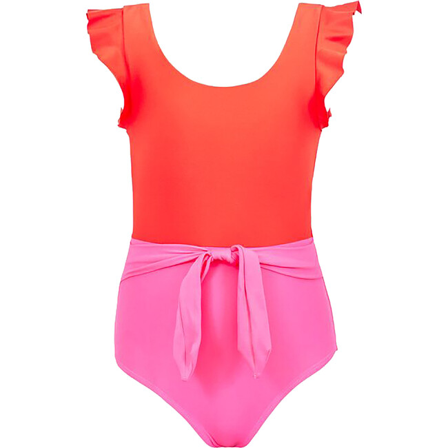 Ruffle Shoulder Belted Knot Waist One-Piece, Cosmo Pink