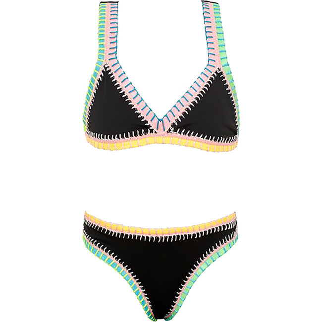 Rainbow Embroidered Elastic Two-Piece Bikini, Black Pier