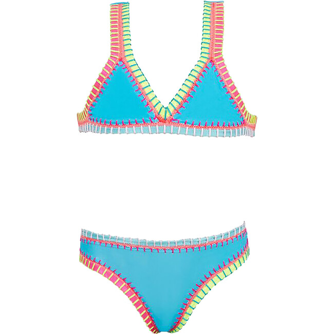 Rainbow Embroidered Elastic Two-Piece Bikini, Turquoise