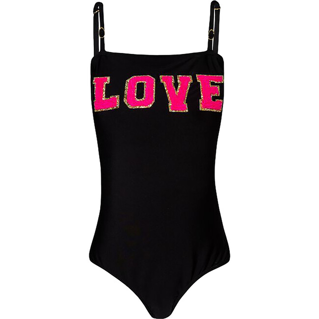 Love Embroidered One-Piece Swimsuit, Black Pier