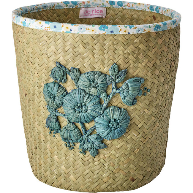 Raffia Flower Embroidered Small Basket With Flower Fabric Edge, Blue & Natural