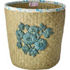 Raffia Flower Embroidered Small Basket With Flower Fabric Edge, Blue & Natural - Tableware - 1 - thumbnail