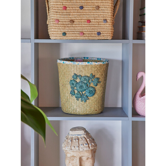 Raffia Flower Embroidered Small Basket With Flower Fabric Edge, Blue & Natural - Tableware - 4